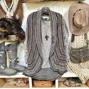 Macrame knit vibe boho long duster cardigan w cottage prairie cabin vibe